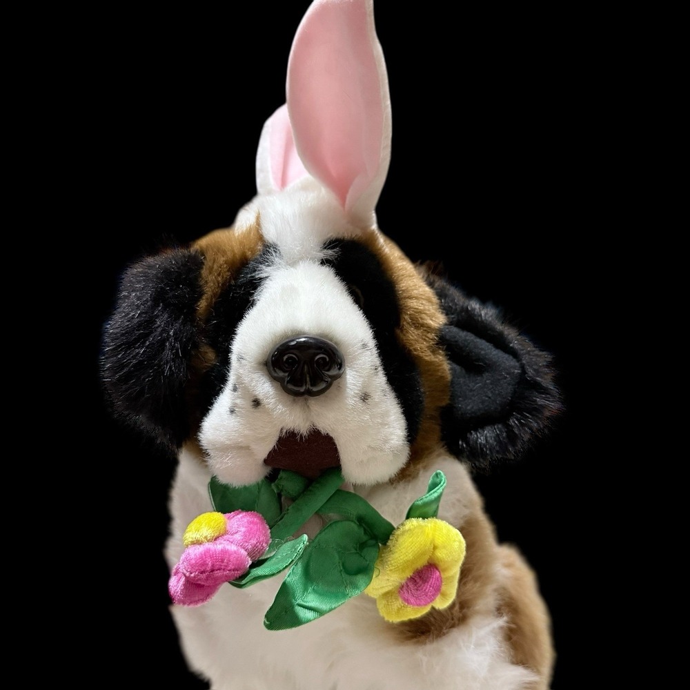 Vtg Kids Of‎ America St. Bernard Dog Plush W/Easter Bunny Ears & Flowers